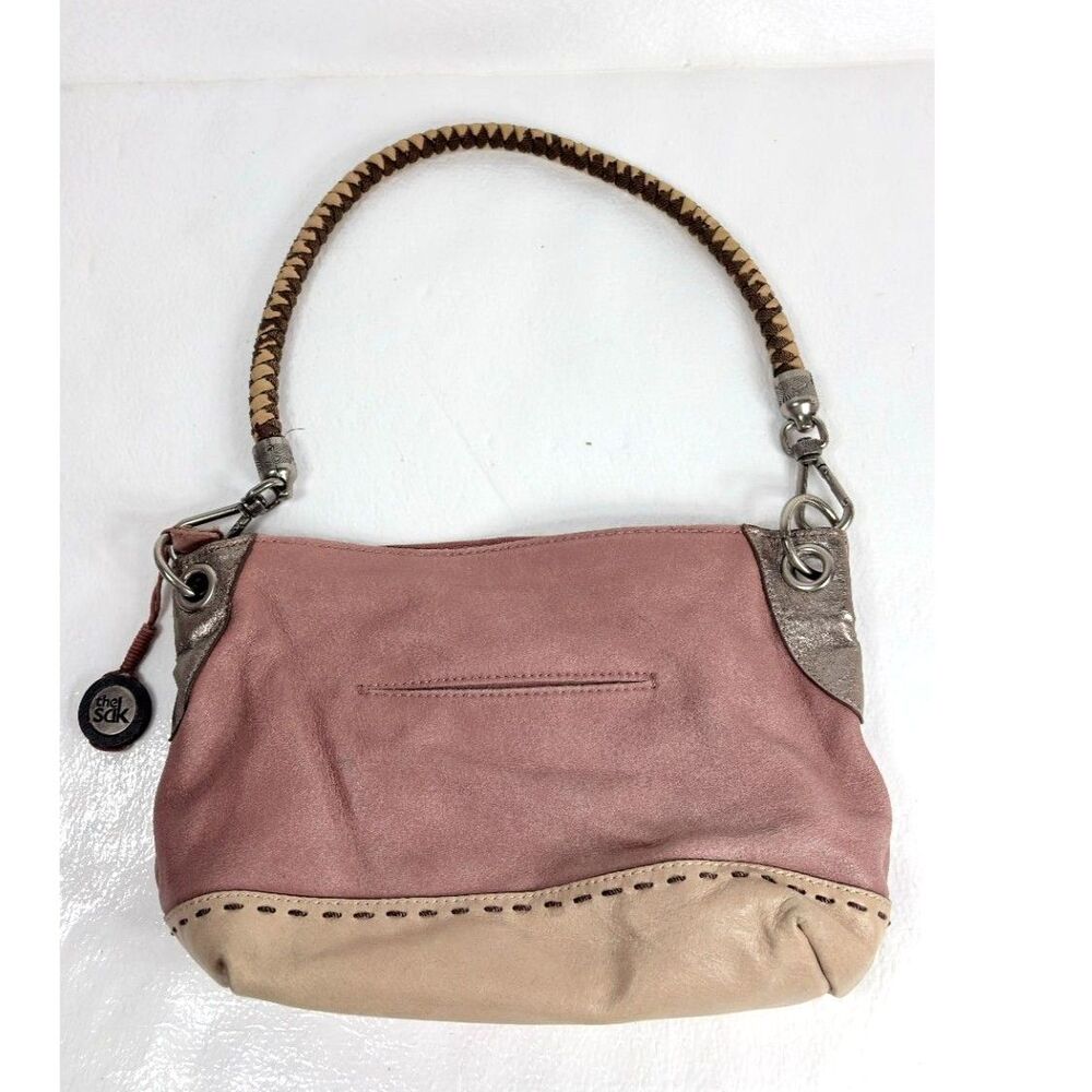 Sak Leather Shoulder Bag Pink Tan Metallic Bronze Braided Handle Boho Handbag